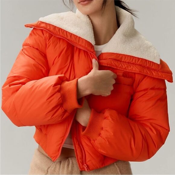 NWT Anthropologie Maeve Sherpa Collar Cropped Puffer Jacket sz XXS - Picture 1 of 11